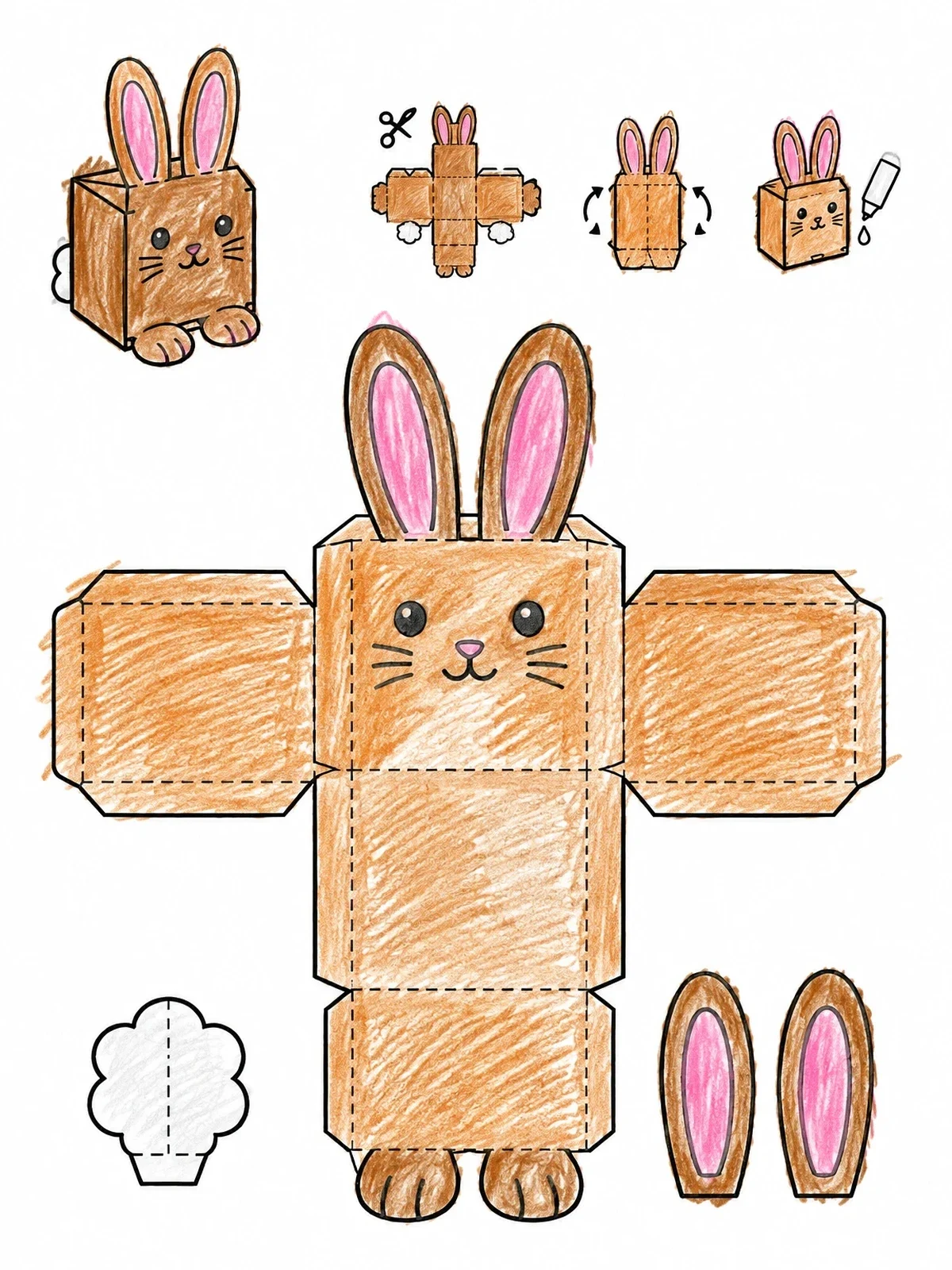 Colored example of the Foldable Bunny Paper Craft Box coloring page