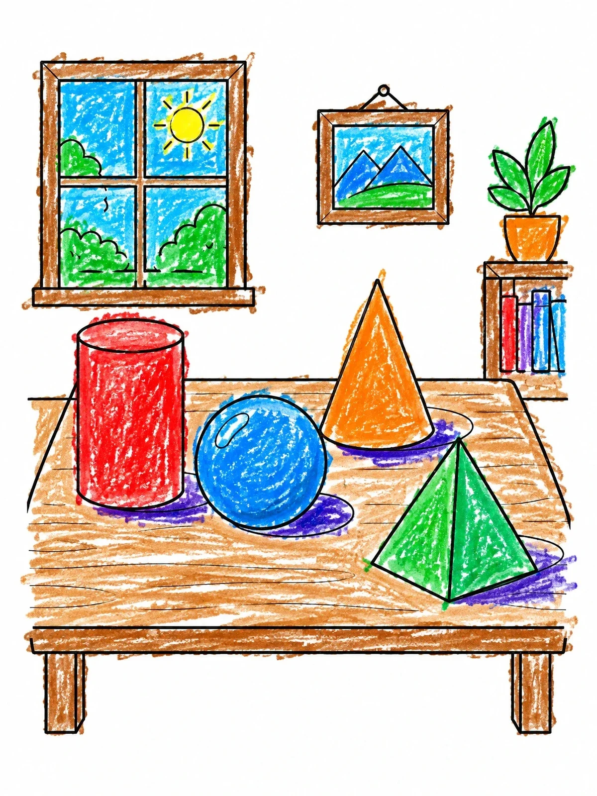 Colored example of the 3d Geometric Shapes On Table coloring page