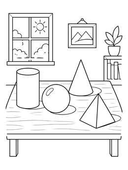 Free printable 3d Geometric Shapes On Table coloring page