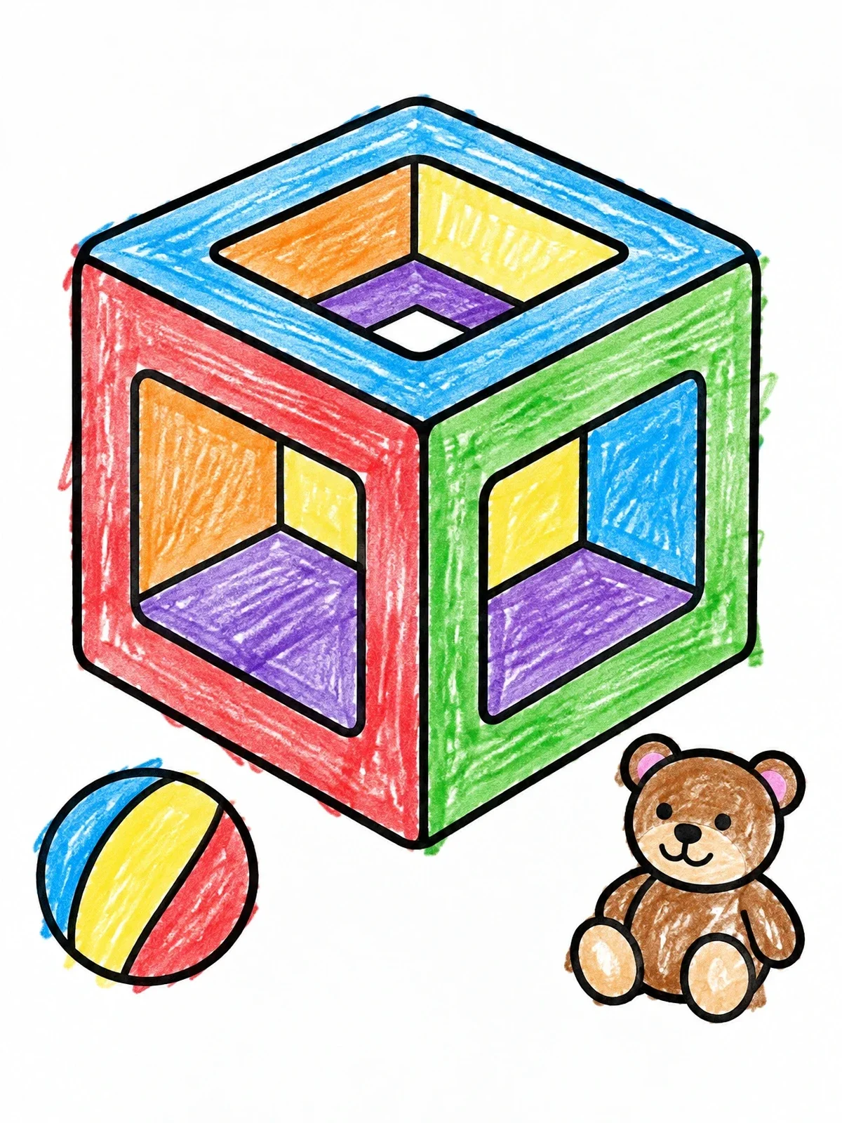 Colored example of the Hollow 3d Cube With Toys coloring page