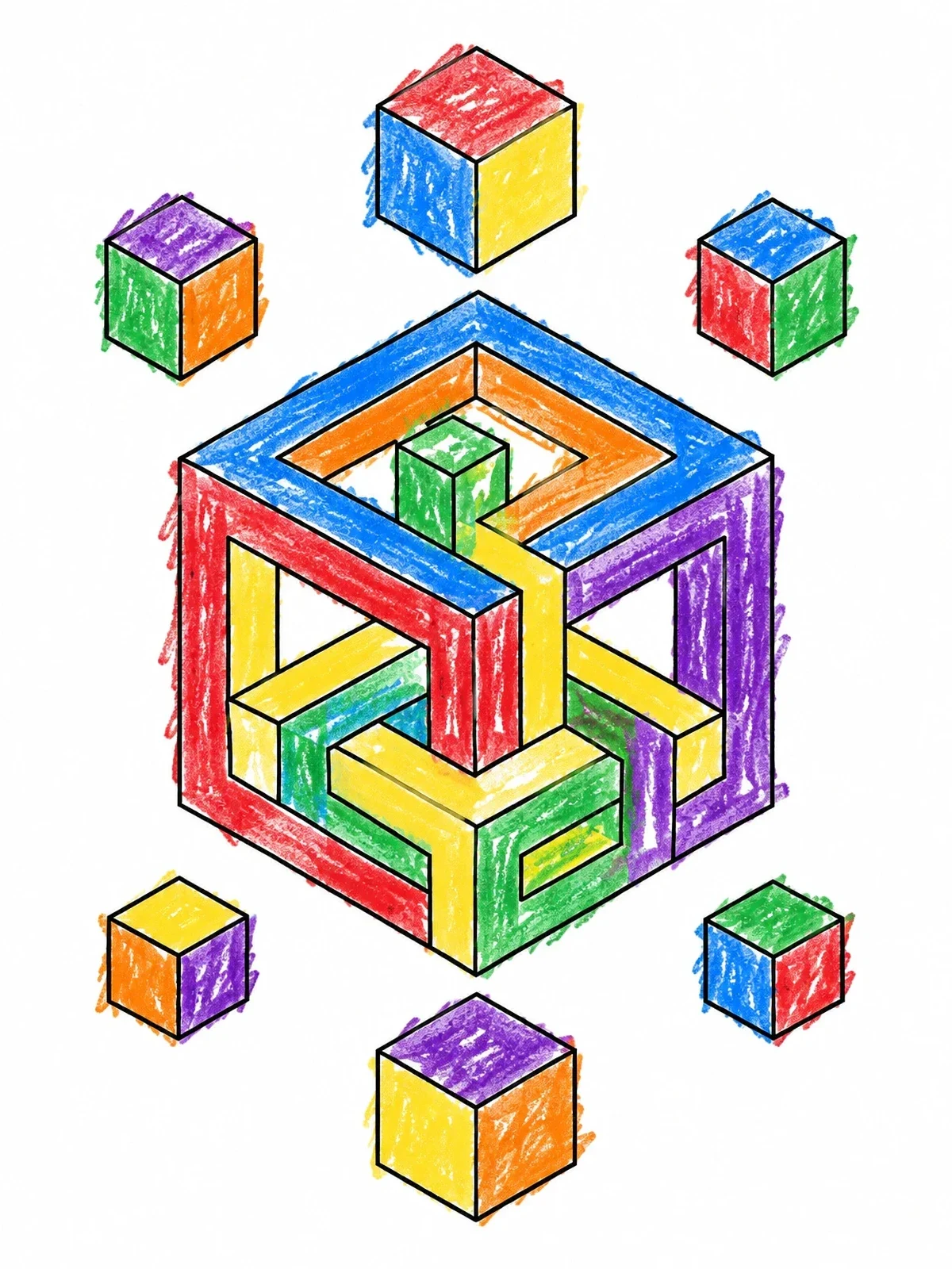 Colored example of the Impossible Cube Optical Illusion coloring page