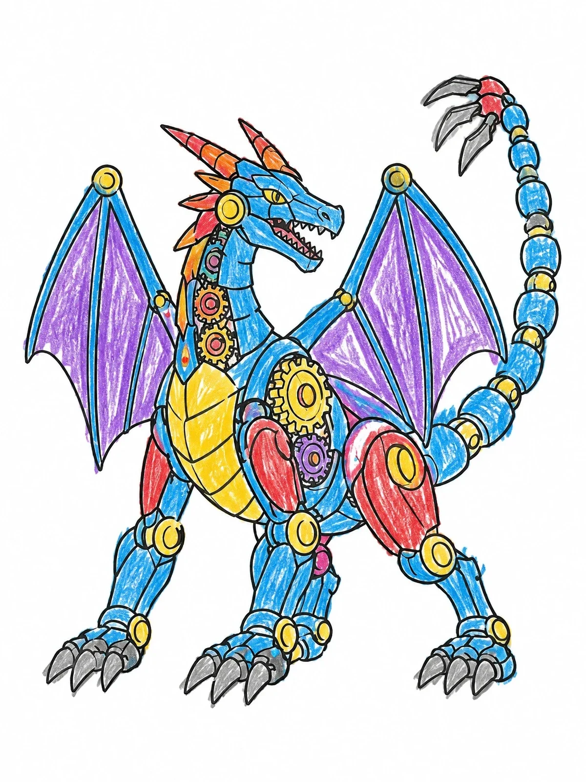 Colored example of the Mechanical Dragon With Exposed Cogs coloring page