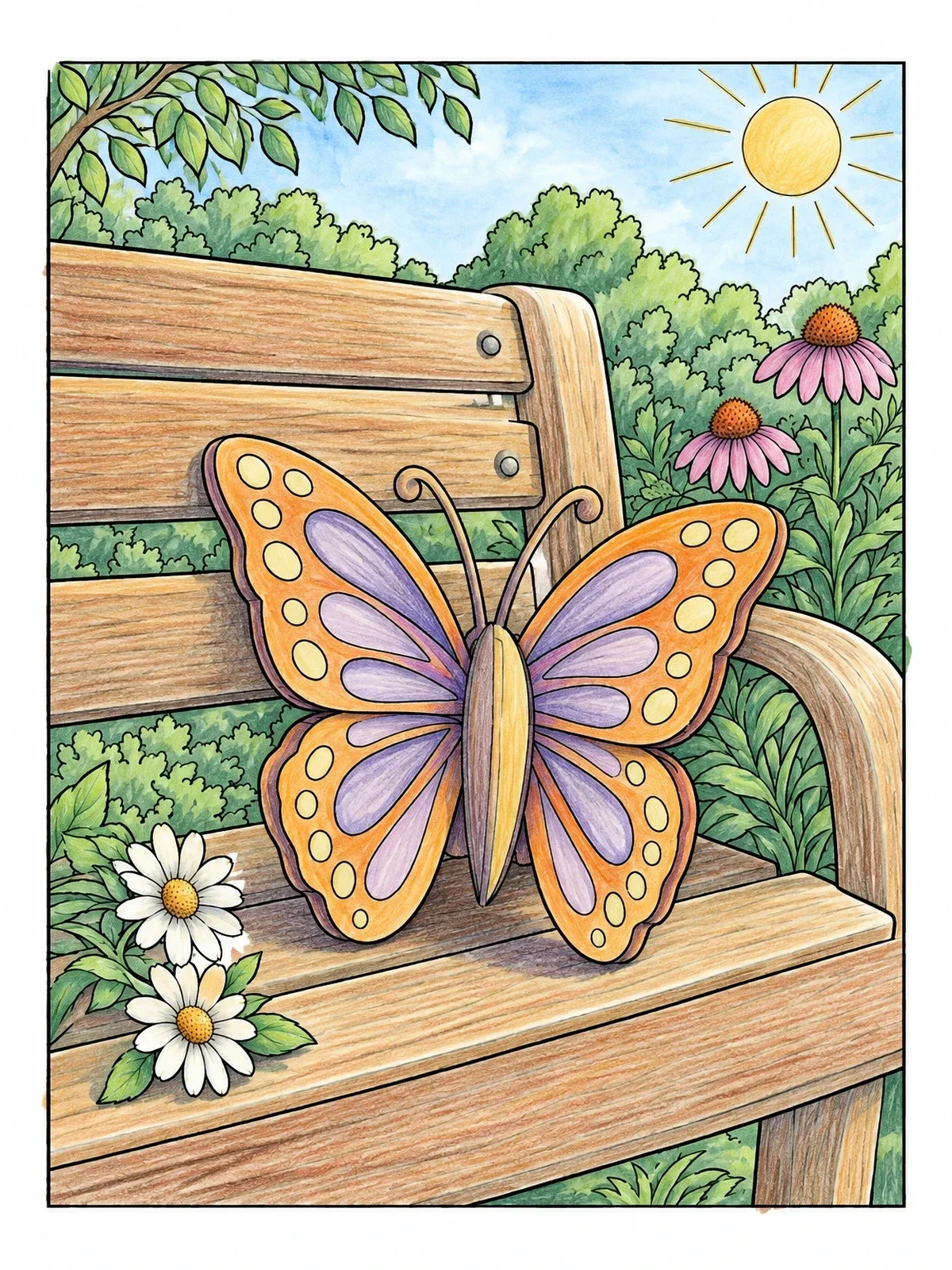Colored example of the Paper Craft Butterfly On Garden Bench coloring page