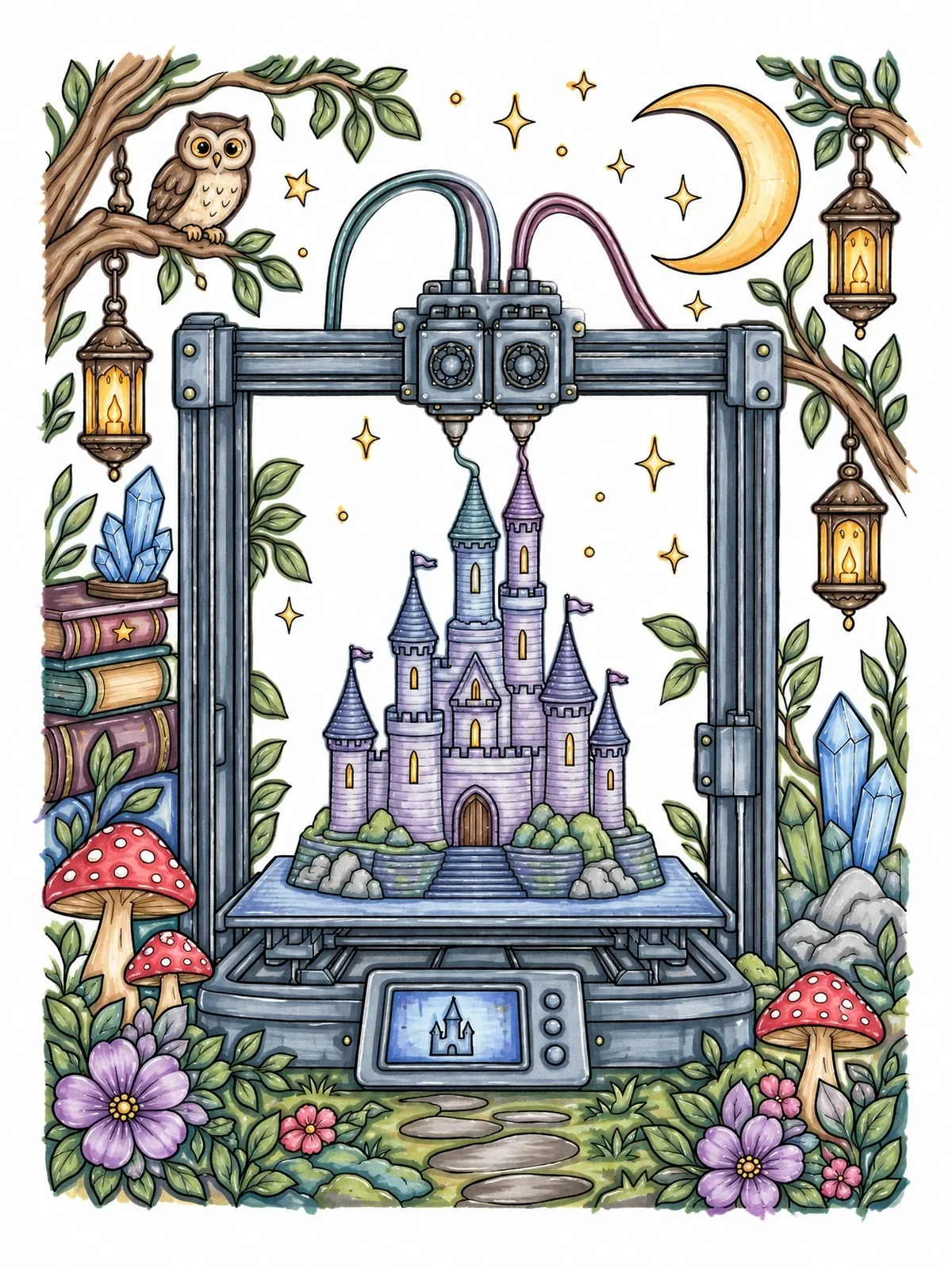 Colored example of the 3d Printer Crafting A Fairy Castle coloring page