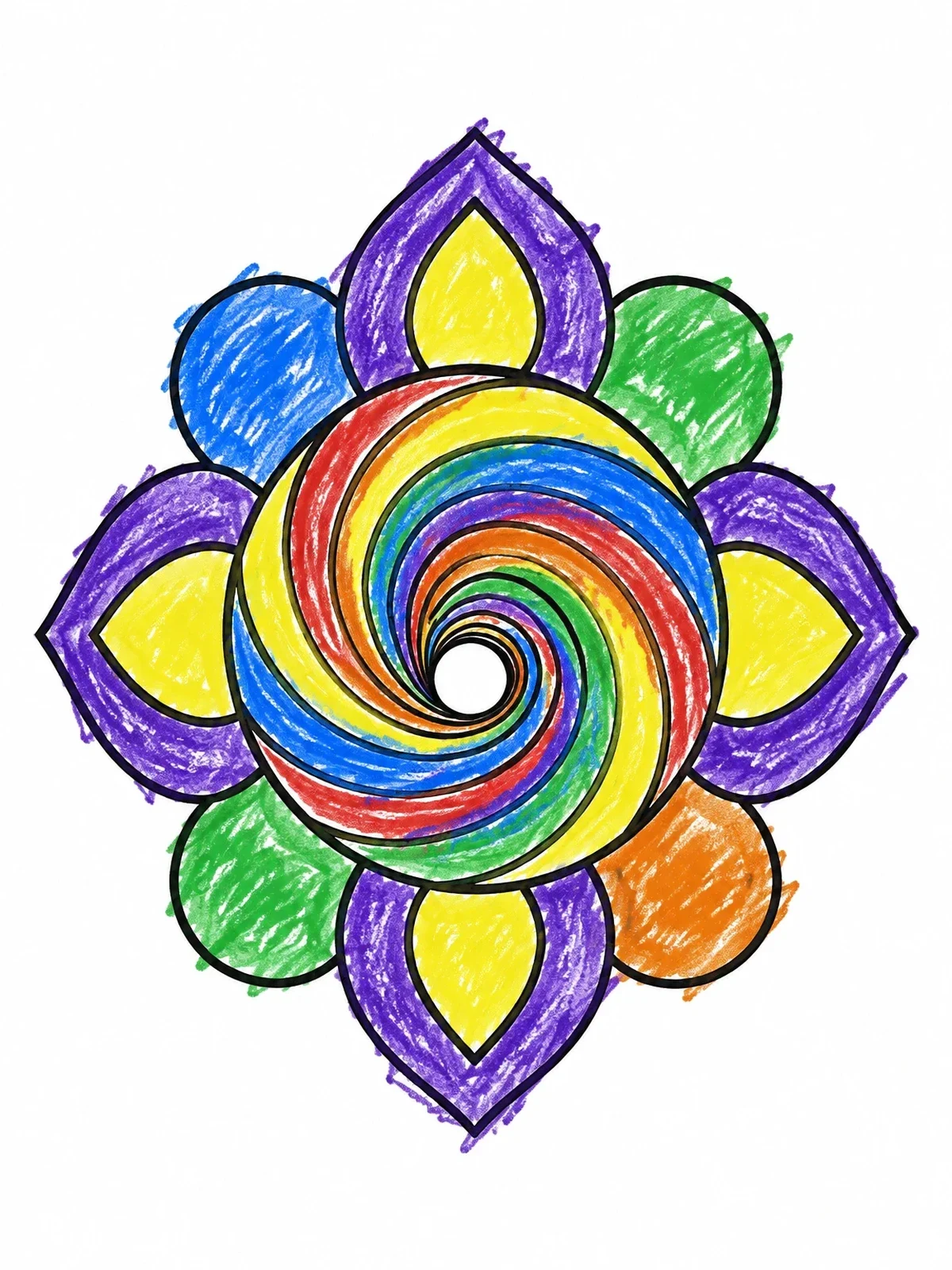 Colored example of the Swirling Optical Illusion Flower coloring page