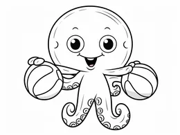 Playful Octopus With Two Volleyballs