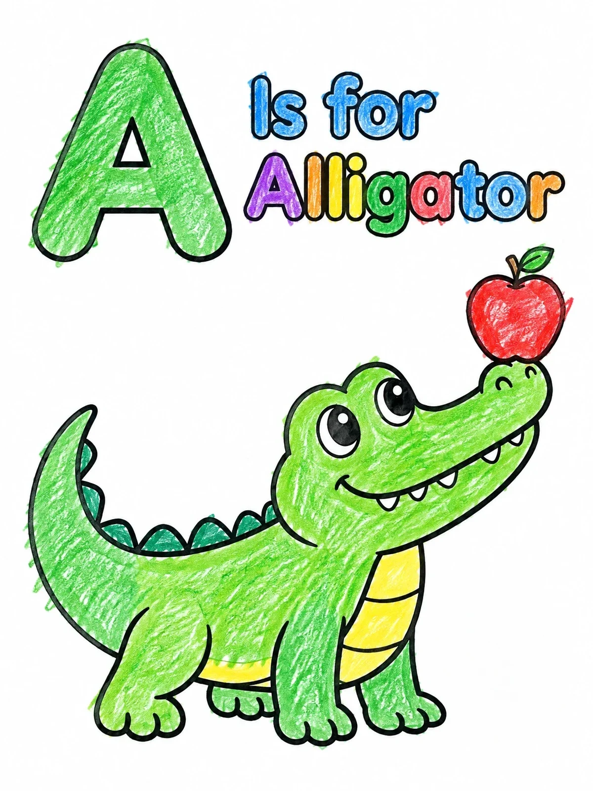 Colored example of the A Is For Alligator With Apple coloring page