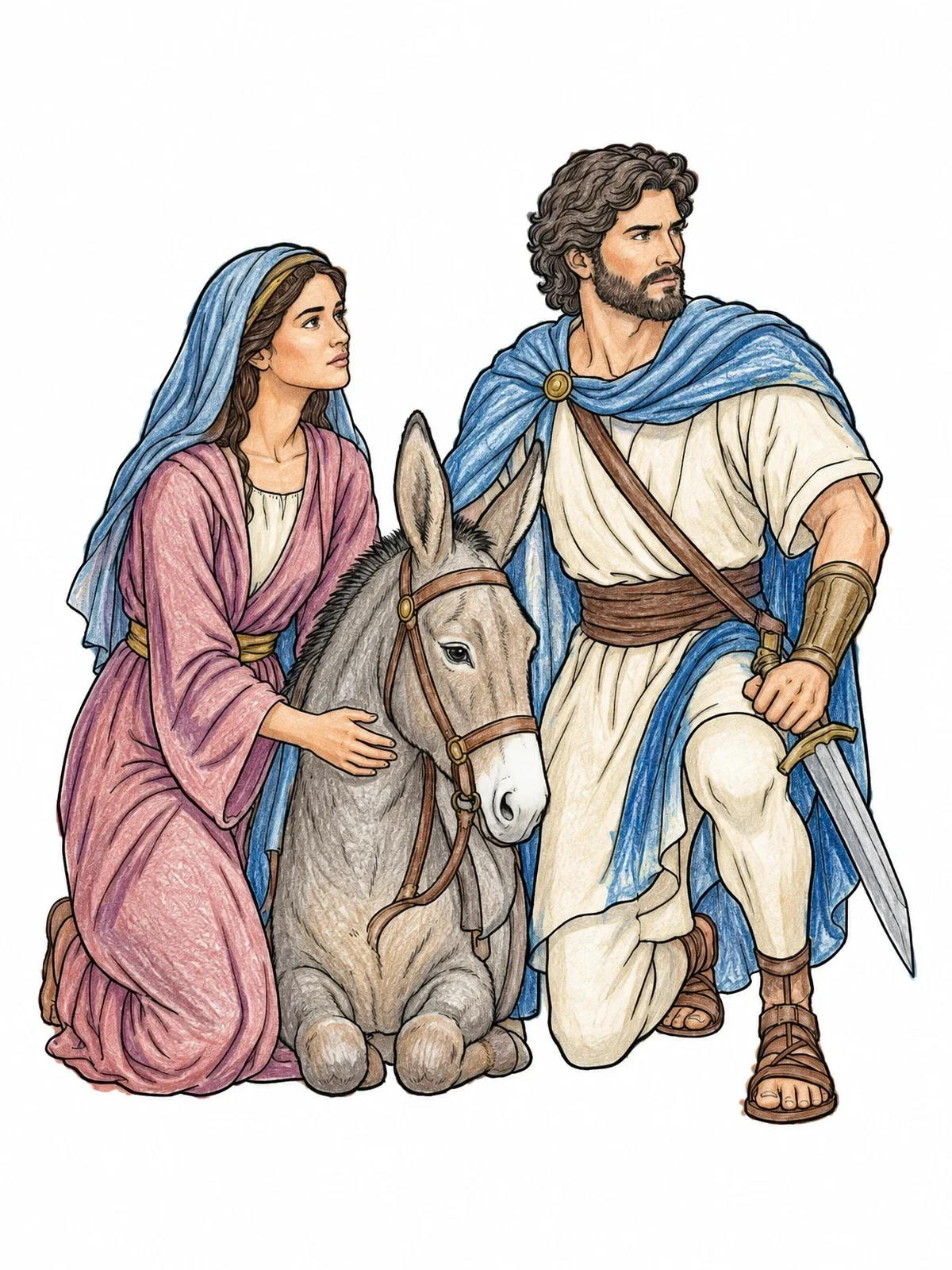 Colored example of the Abigail And David With Donkey coloring page