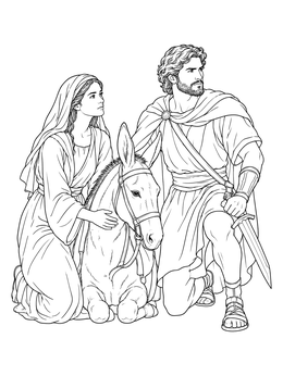 A detailed david nabal and abigail coloring page showing Abigail kneeling by her donkey before David.