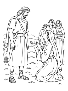 A detailed david nabal and abigail coloring page showing Abigail kneeling before David.