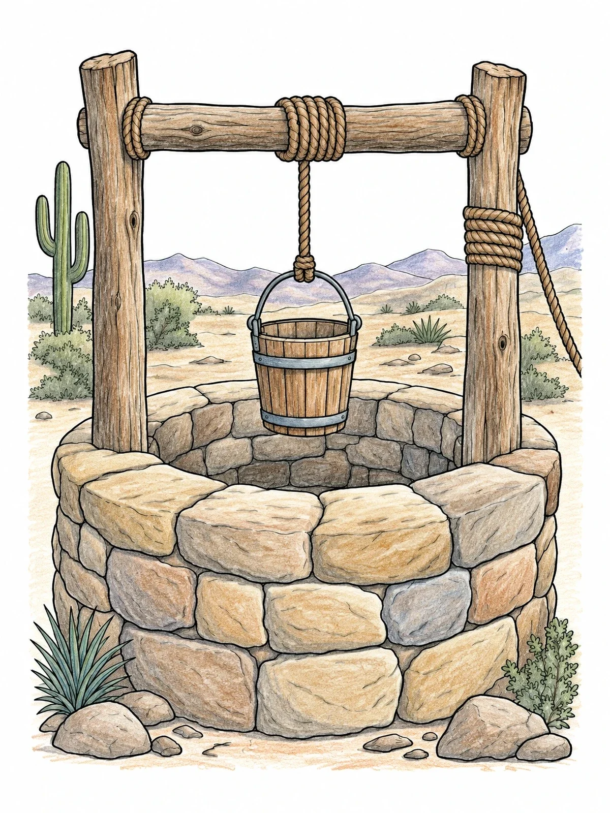 Colored example of the Ancient Stone Water Well In Desert coloring page