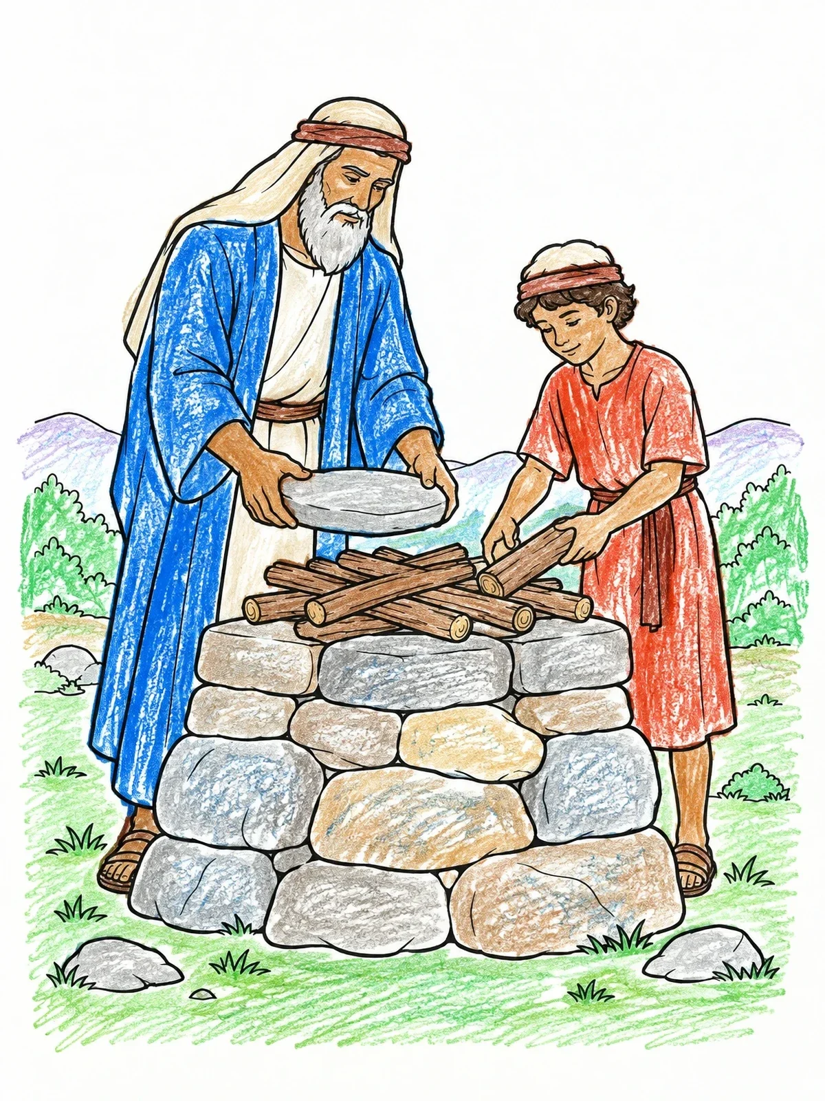 Colored example of the Abraham And Isaac Building An Altar coloring page