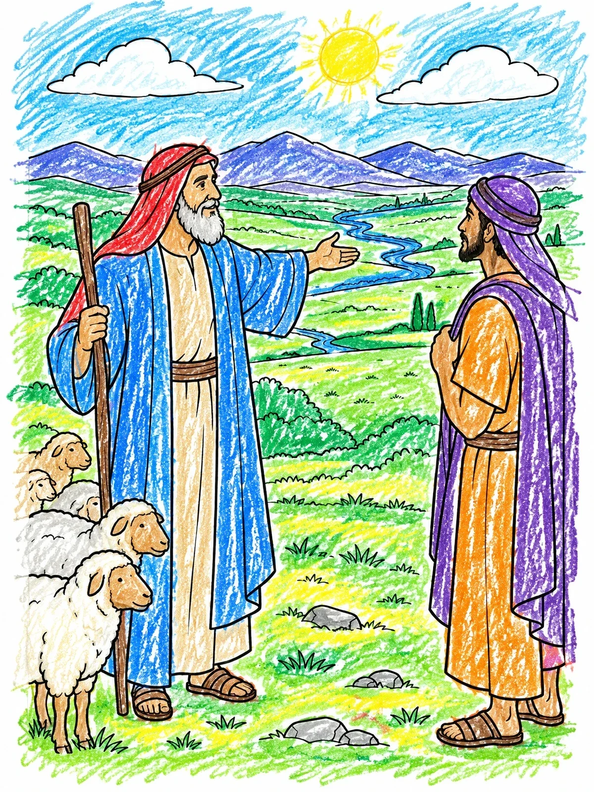 Colored example of the Abraham And Lot Overlooking The Plain coloring page
