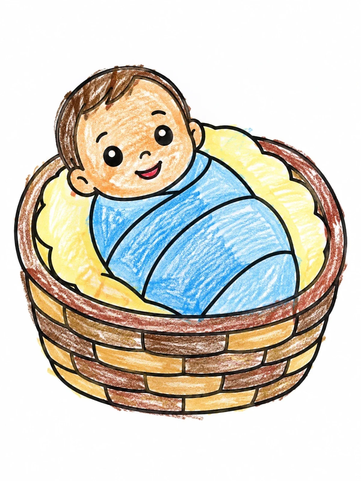 Colored example of the Baby Isaac Resting In A Basket coloring page