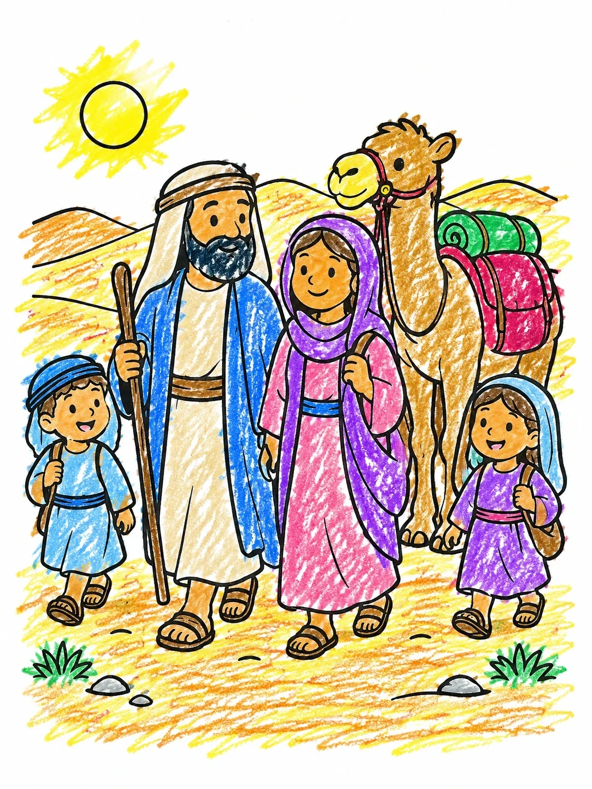 Colored example of the Abraham Family Desert Journey coloring page
