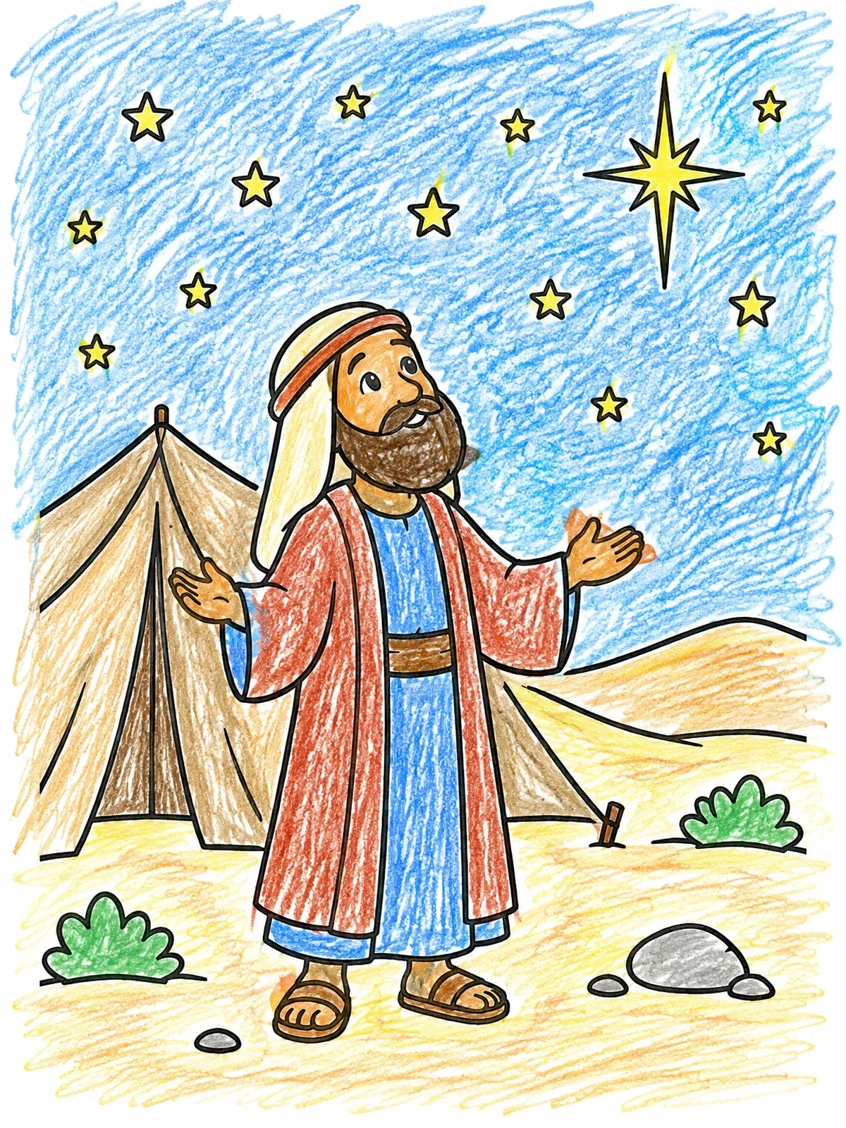 Colored example of the Abraham Gazing At The Night Stars coloring page