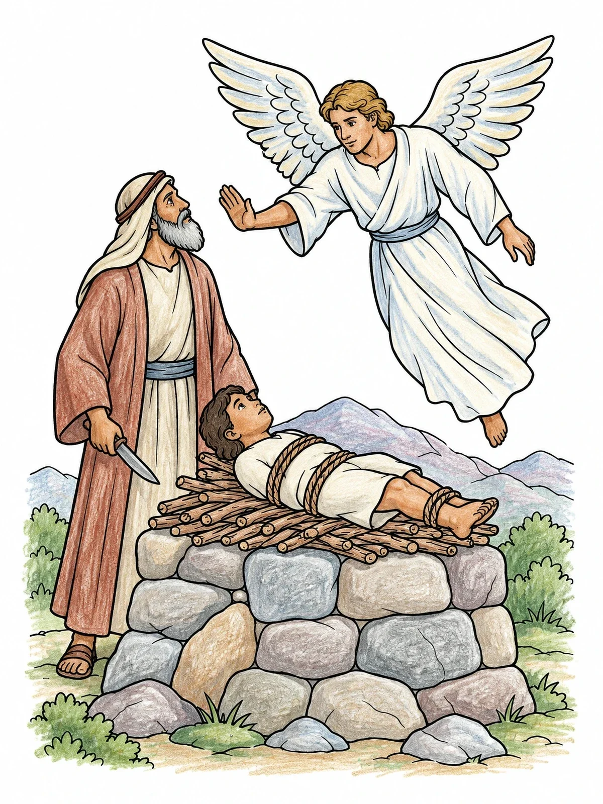 Colored example of the Abraham And Isaac On Mount Moriah coloring page