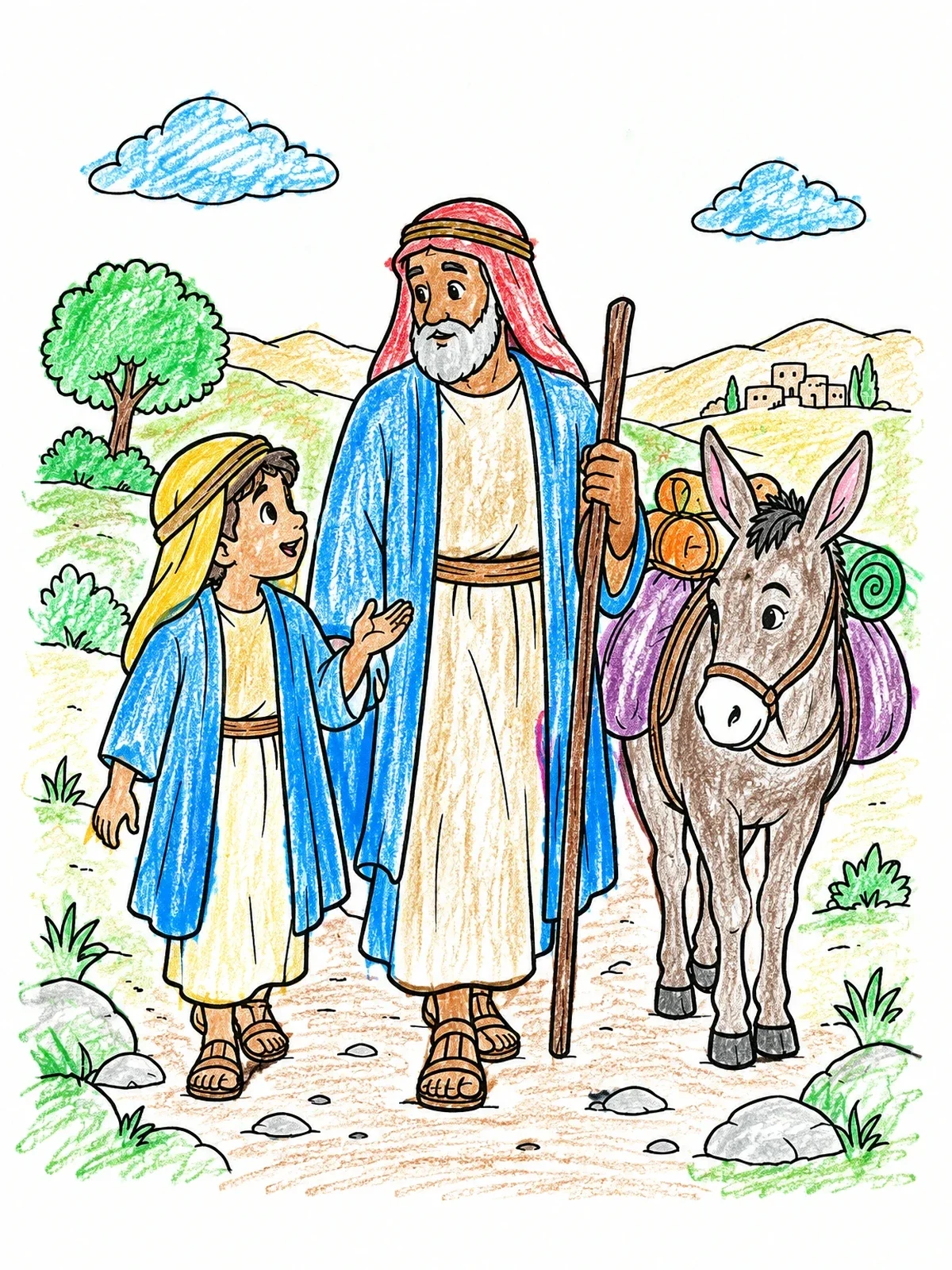 Colored example of the Abraham And Isaac Walking With Donkey coloring page