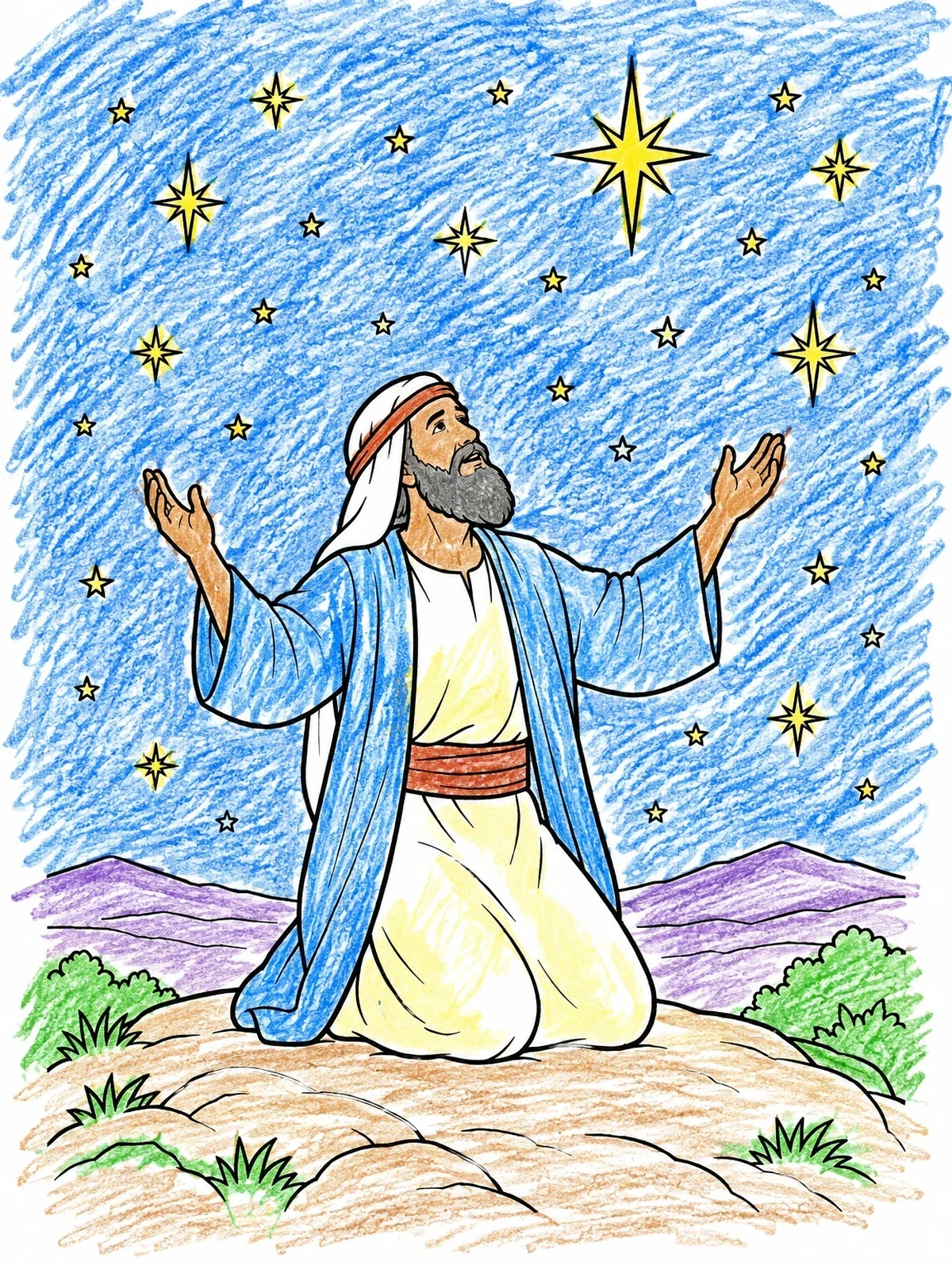 Colored example of the Abraham Praying Under The Stars coloring page