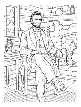 An abraham lincoln coloring page showing the president resting by a fireplace inside a cozy log cabin.