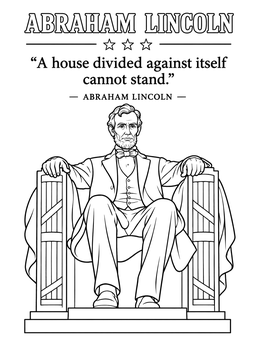 An inspiring abraham lincoln coloring page showing the seated Lincoln Memorial statue and famous quote.
