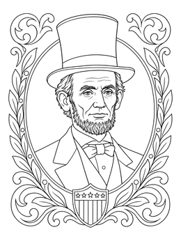 Detailed abraham lincoln coloring page featuring a framed presidential bust with stovepipe hat.