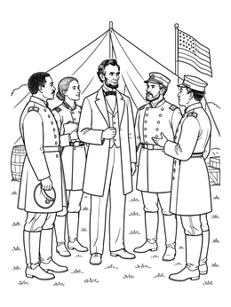An abraham lincoln coloring page showing the president talking with military officers outside a tent.