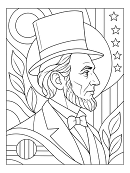 Detailed abraham lincoln coloring page showing his profile portrait with top hat and patriotic motifs.