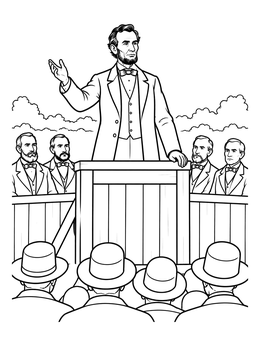 An abraham lincoln coloring page showing the president speaking at a wooden podium to a crowd.