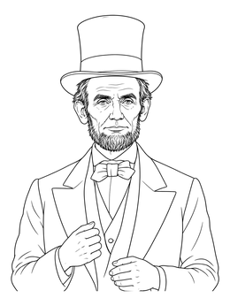 Detailed abraham lincoln coloring page showing the president in a top hat and suit.
