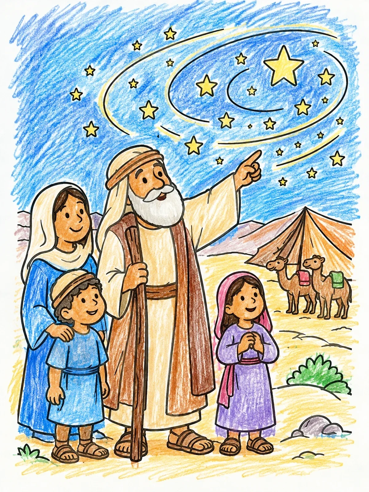 Colored example of the Abraham Pointing At The Stars coloring page