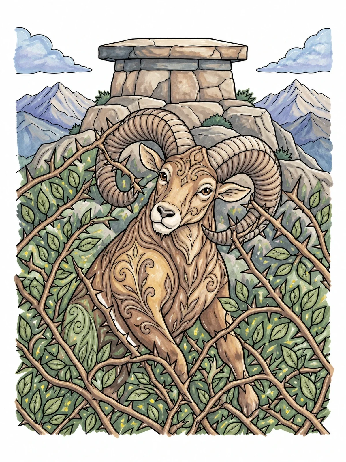 Colored example of the Ram Caught In The Thicket coloring page