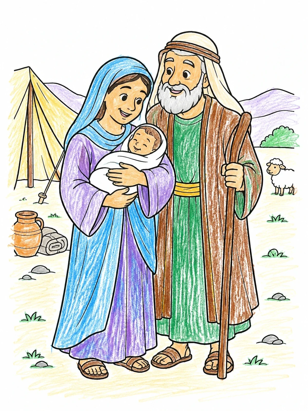 Colored example of the Abraham And Sarah With Baby Isaac coloring page