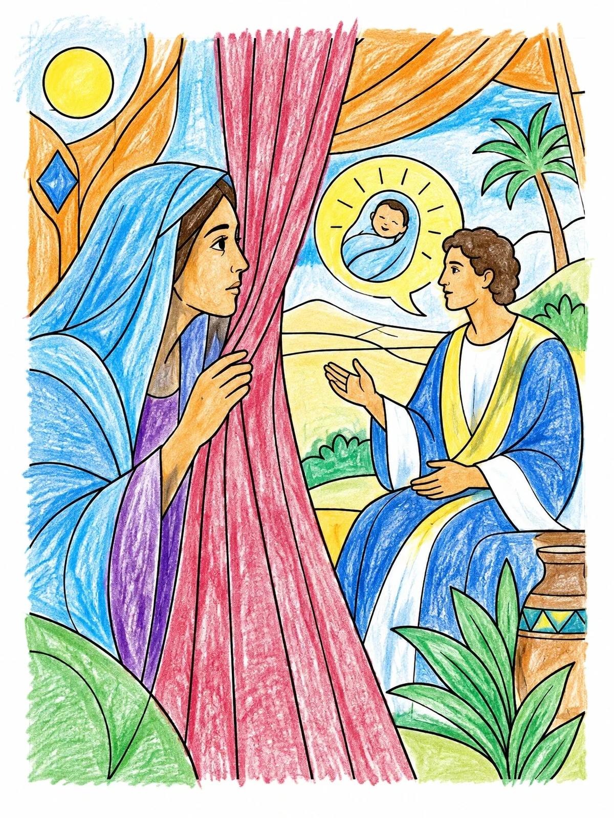 Colored example of the Sarah Listening At The Tent coloring page
