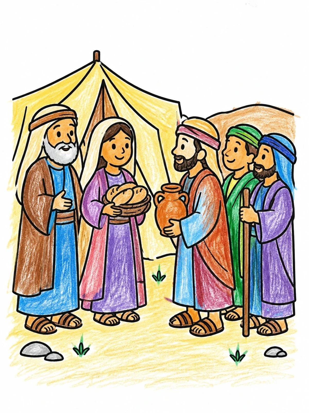 Colored example of the Abraham Welcomes Three Desert Travelers coloring page