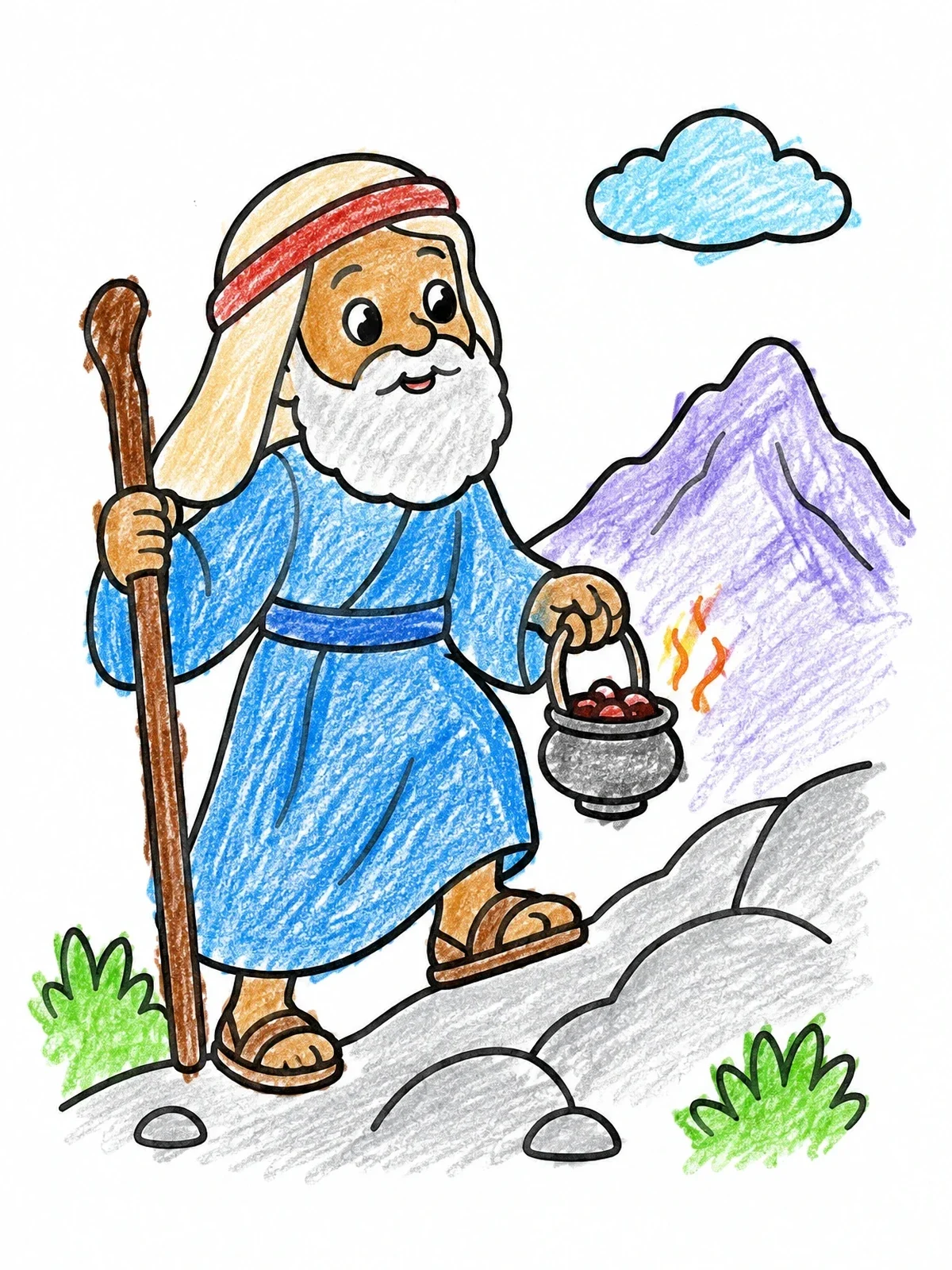 Colored example of the Abraham Walking With Staff And Fire Pot coloring page