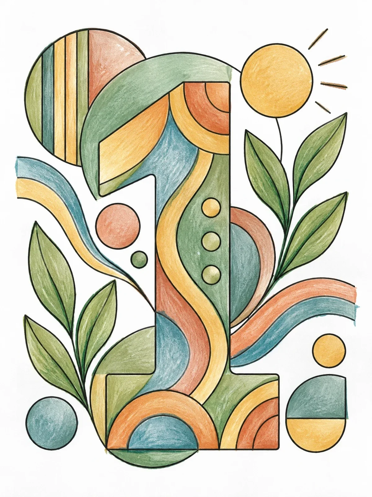 Colored example of the Abstract Botanical Number One coloring page