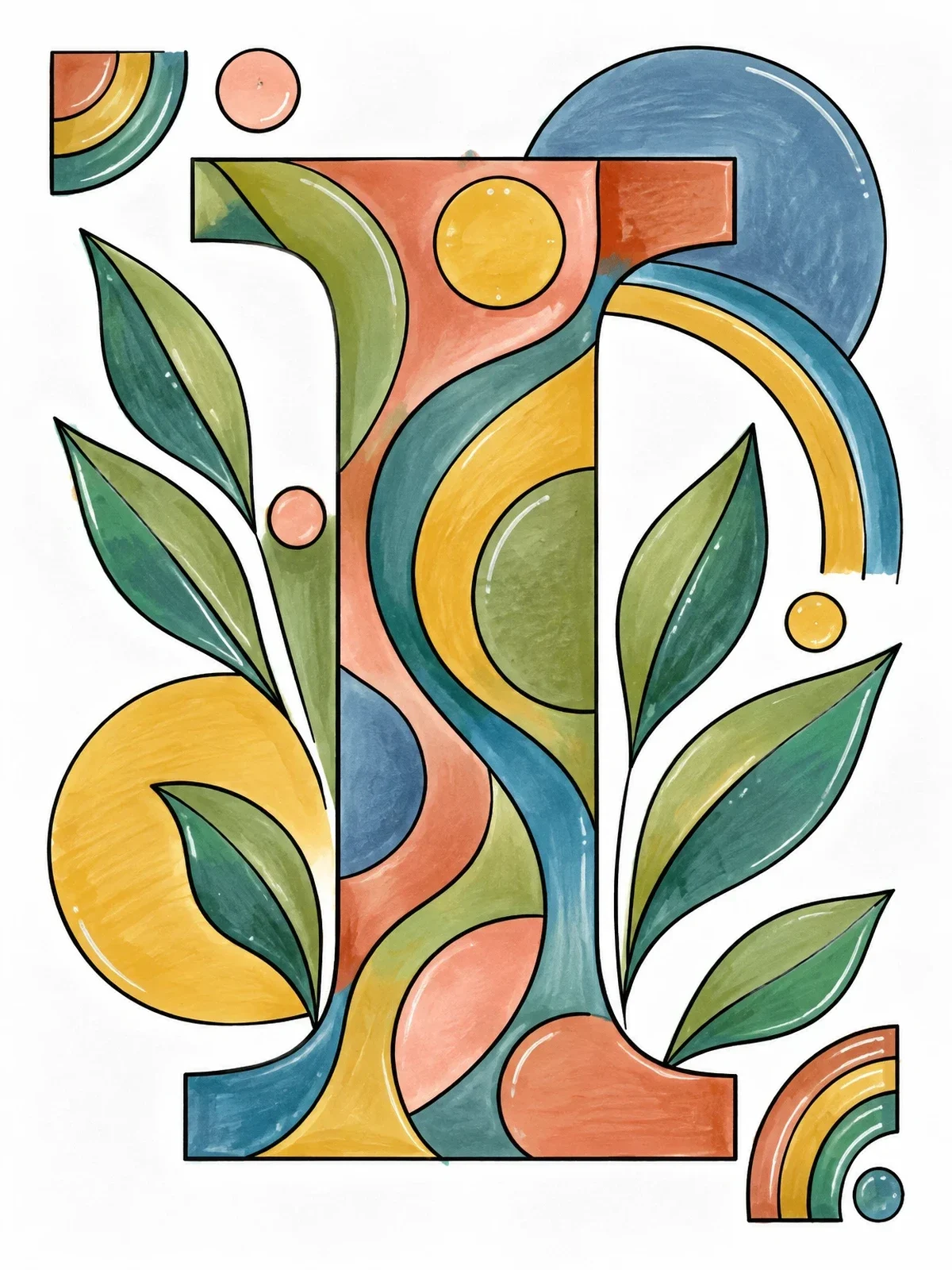 Colored example of the Abstract Capital Letter I With Foliage coloring page