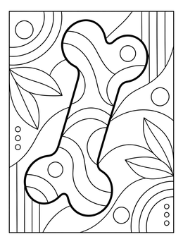An artistic dog bone coloring page filled with flowing lines and botanical elements.