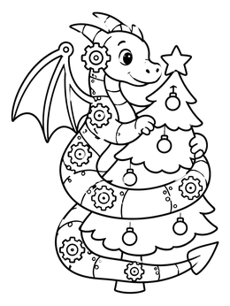 Free printable Clockwork Dragon Around Christmas Tree coloring page