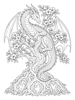 An intricate abstract dragon coloring page featuring a winged beast resting among delicate blossoms.
