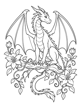 Free printable Dragon Perched On Flowering Branch coloring page