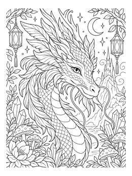 An intricate abstract dragon coloring page framed by crystals, mushrooms, and lanterns.