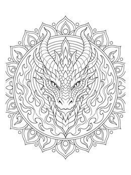 An intricate abstract dragon coloring page framed within a circular flame mandala.