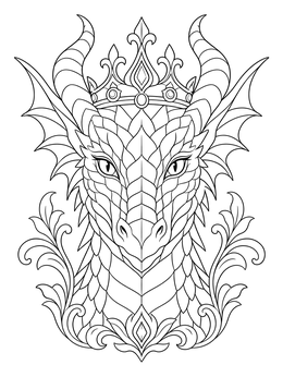 An intricate abstract dragon coloring page featuring a crowned mythical beast with scales and horns.