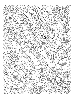 An intricate abstract dragon coloring page surrounded by swirling clouds and floral blossoms.