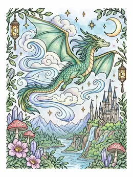 Dragon Soaring Over Castle Landscape – Abstract Dragon Coloring Page