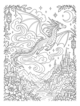 An abstract dragon coloring page featuring a flying dragon above a fantasy castle, mountains, and crystals.