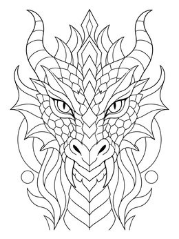 Intricate abstract dragon coloring page featuring a symmetrical fantasy dragon head with detailed scales and horns.