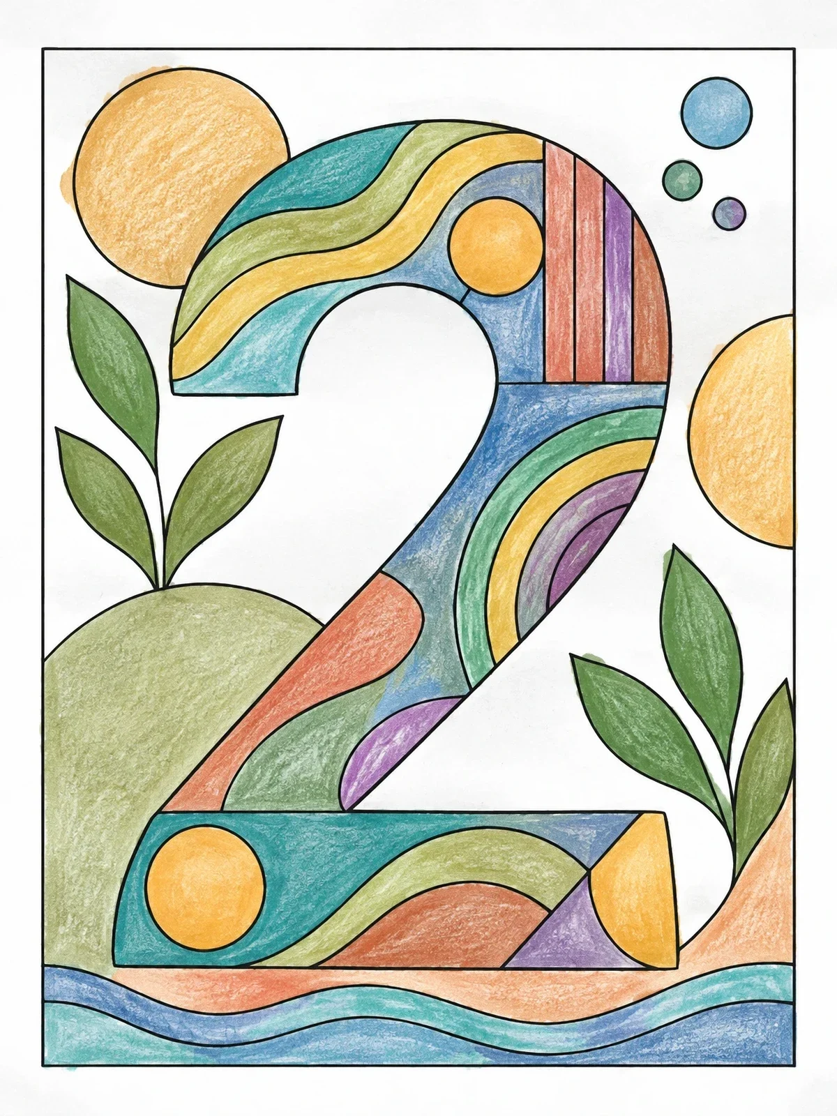 Colored example of the Abstract Geometric Number Two coloring page